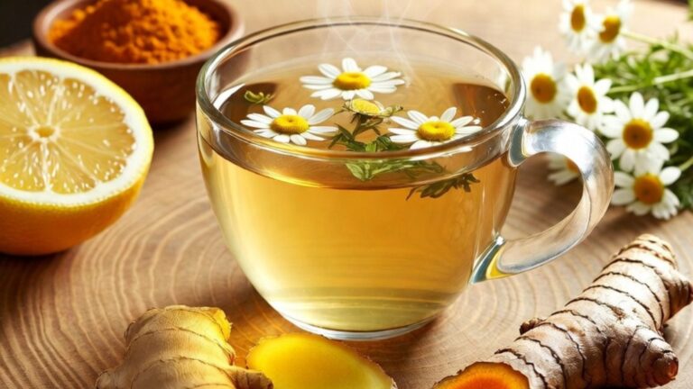 Té de jengibre con limón, cúrcuma y manzanilla para aliviar la inflamación abdominal